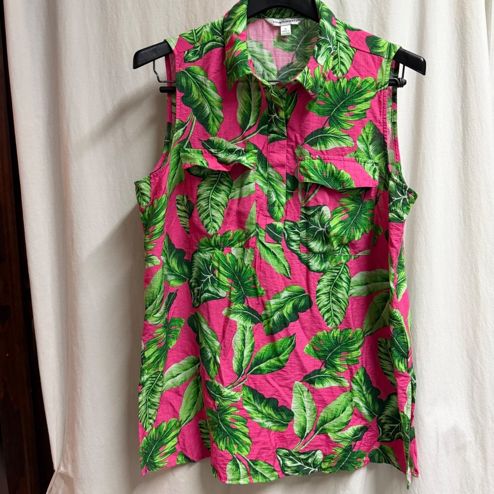 Counterparts Pink Green Tropical Palm Leaf Sleeveless Button Down Top XL